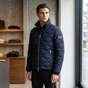Men Padded <b>Quilted</b> <b>Jacket</b> Wave <b>Pattern</b> High Collar Warm Zip Up Winter <b>Jacket</b> Ribbed Cuff OEM ODM Wholesale - Product Image 2