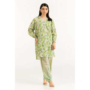 Ensemble coordonné décontracté pour femme en tissu cambric vert clair imprimé, 2 pièces, short, tenue pour le printemps/été, disponible en tailles XS à XXL - Product Image 1