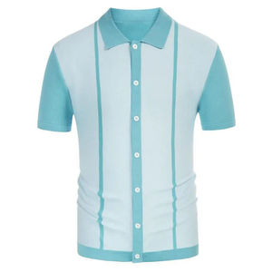 2024 nuevo verano hombres moda pulóver Tops Jersey manga corta Camiseta con solapa rayas estampado botón para Polo diseño liso - Product Image 6