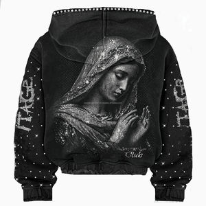 Custom Vintage Washed Sun Faded Hoodie for Men Factory OEM Oversized Heavyweight 100% Cotton Zipper <b>Jacket</b> <b>Rhinestone</b> for Winter - Product Image 2