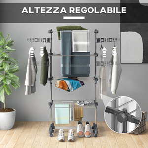 HOMCOM Séchoir vertical gris et argent 142x55x172 cm avec 4 étagères réglables en acier et en plastique - Product Image 4