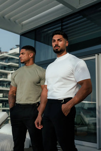 Vente en gros de t-shirts personnalisés côtelés à col haut et manches courtes pour hommes, t-shirts couleur olive, vêtements de sport respirants, prix d'usine, t-shirts pour hommes - Product Image 4