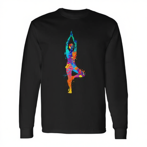 Camiseta de manga larga con diseño artístico de árbol en acuarela y yoga, diseño colorido - Product Image 2