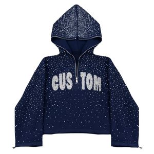 Low MOQ OEM ODM Cropped Rhinestone <b>Hoodie</b> Unisex Streetwear Zip Hooded Sweatshirt Custom Logo 100% Cotton Eco-Friendly Windproof - Product Image 3