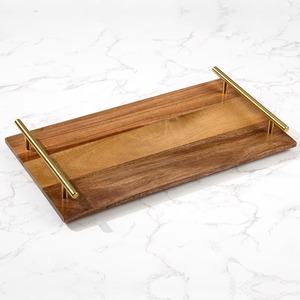 Rectangular Acacia Wood <b>Tray</b> Serving Board Tea Food Plate Ottoman Serving <b>Trays</b> with Metal Handles - Product Image 4