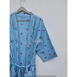 Robe kimono légère en coton imprimé à la main de style japonais, peignoir doux tissé - Product Image 1