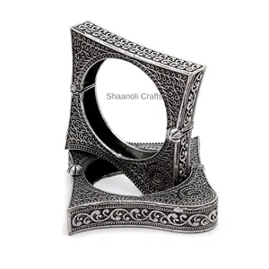 Handcrafted Silver Oxidised Openable Square Shape Bangles Bollywood Style Indian Jewelry Wedding Wear Bangles