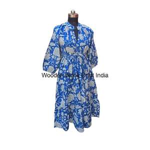 Elegante 100% algodón Himanshi Midi vestido para mujer hecho a mano hermoso cómodo verano Casual fiesta desgaste de la India - Product Image 5