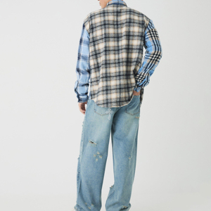 Veste en jean délavé clair, ample, déchirée, à jambes larges, style streetwear, ourlet effiloché, toile, cuir de vache, imperméable - Product Image 4