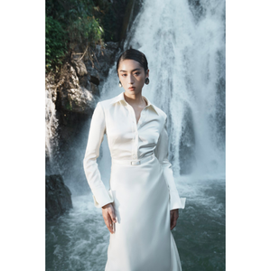 ชุดเดรสยาวสง่างามสำหรับผู้หญิงชุดเดรสสำหรับวันเดรสสีดำและสีขาวแบบออเดรย์มีเข็มขัดผ้าซาตินแบบมีเข็มขัดสีขาวเสื้อผ้าสำหรับผู้หญิงมดเวียดนาม - Product Image 1