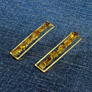 Citrine Gemstone <b>Long</b> Length <b>Earrings</b> Raw Stone Brass Handmade Screw Back <b>Earrings</b> For Women 925 Silver - Product Image 4