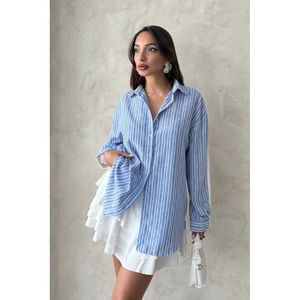 TOPSHOW Men's Striped <b>Linen</b> Cotton Blend Casual Shirt - Dark Blue Lightweight Breathable Top for Summer Wear - Product Image 2