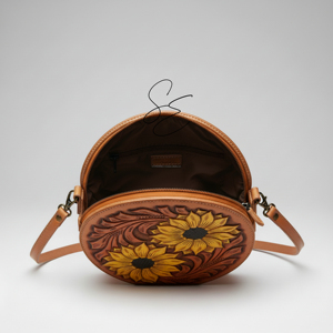 Bolso Bandolera de Cuero Genuino Hecho a Mano con Diseño de Girasol, Tallado Floral, Estilo Canteen, para Mujer, Personalizado OEM, Tendencia Occidental - Product Image 6