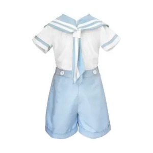 New Design Summer Style Baby Boy Set 2 Pieces Outfits Sailor Set White Short Sleeves Shirt Blue Short Pants Brian Set