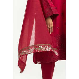 Dupatta brodé en polyester rouge pour femme, imprimé floral, en tissu organza fabriqué à partir de fibres de polyester durables - Product Image 1