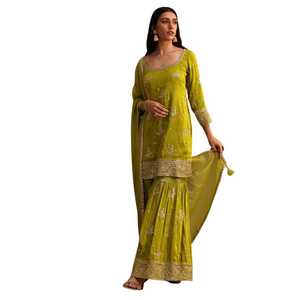 Belles paillettes vertes Kurti Sharara avec Chanderi Banarasi Dupatta femmes tenue ethnique parfaite pour la fête de mariage - Product Image 3