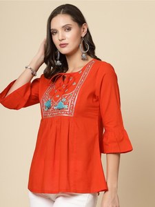 Más vendidos Étnico Bordado Tie-Up Cuello Campana Mangas Reunidos Algodón Casual Top Wear Mujer Ligero algodón Kurti - Product Image 3