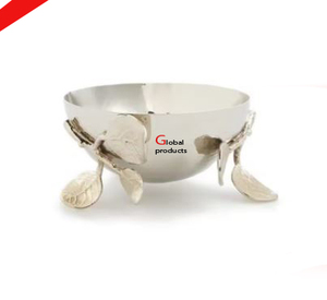 Cuenco para servir de acero inoxidable con acabado de plata y metal de forma redonda de aspecto increíble con diseño de hoja para restaurante y bar de hotel - Product Image 1