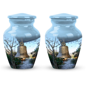 Urnas de cremación funeraria impresas en esmalte con pegatina de diseño de campana para suministros de servicio de entierro a bajo precio, urnas de ceniza de Metal de estilo clásico - Product Image 4