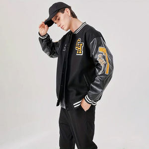 Chaqueta de béisbol de color negro sólido de nuevo diseño para hombre, chaqueta universitaria de talla grande con manga de cuero de tela transpirable para uso universitario - Product Image 2