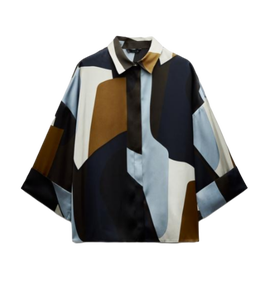 เสื้อเชิ้ตผู้หญิงพิมพ์ลายสีน้ำเงินดำลำลองสำหรับใส่ในชีวิตประจำวัน - Product Image 1