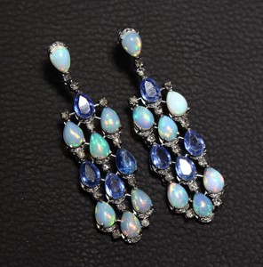 Juego de pendientes de plata de ley 925 de diseño vintage con ópalo etíope natural y cianita azul para boda - Product Image 3