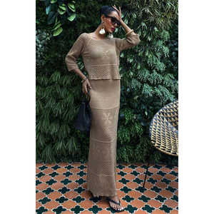 Conjunto de Punto Calado Estilo Bohemio 10093 con Mangas Tres Cuartos y Cuello Barco, Top Corto para Primavera/Verano - Product Image 2