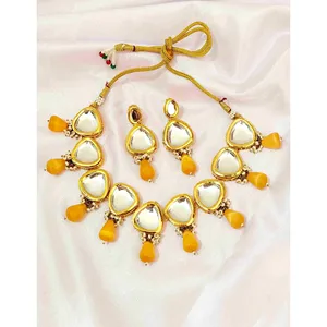Gold Plated Yellow Monalisa Kundan <b>Necklace</b> Set Single Layer for Wedding Engagement Party Fine Copper Jewelry <b>Ruby</b> Pearl Main - Product Image 1