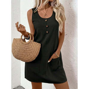 Robe courte à bretelles pour femme, col rond, avec fermeture boutonnée sur le devant et détail poche, 36816 - Noir - Product Image 1