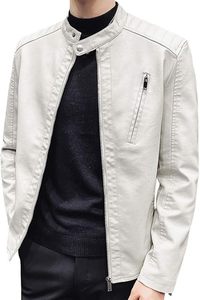 Veste en faux cuir coupe ajustée à col montant pour hommes, veste de motard décontracté - Product Image 3