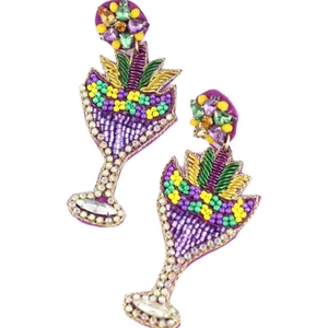 Boucles d'oreilles huggie en sequins violet, vert et jaune pour le Mardi Gras, bijoux en perles de rocaille d'Inde - Product Image 1