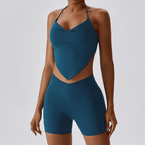 Conjunto de Yoga de Color Sólido para Mujer al por Mayor, Sujetador Deportivo con Copa Fija y Pantalones Cortos Antibacterianos, Conjunto de Dos Piezas para Fitness - Product Image 2