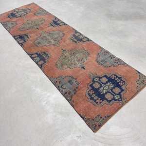 Turkish Vintage Rug, 2.9x9.5 ft Rug, <b>Red</b> Blue Floral <b>Wool</b> Rug - Product Image 3