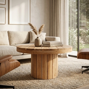 Outdoor Solid Teak Wood Round <b>Bistro</b> Set Fluted Column Pedestal <b>Table</b> Chairs Garden Dining Furniture Setup Art Design Decor - Product Image 5