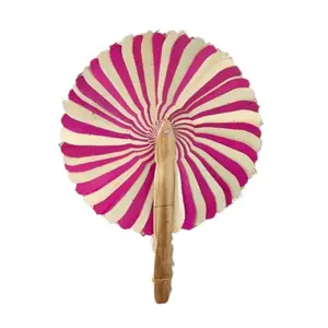 Ventilador manual de tela de bambú hecho a mano, forma redonda, colorido ventilador de mano, Mini ventiladores de rafia, logotipo personalizado - Product Image 1