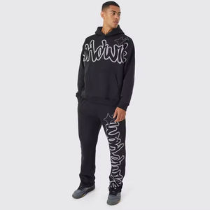Custom <b>Distressed</b> Embroidered Acid Washed Hoodie and Sweat Pants Set Flared Stacked Tracksuit Sweatsuits with Flare Pants - Product Image 1