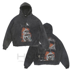 Sudadera con capucha desgastada con lavado ácido para hombre al por mayor de gran tamaño Vintage Cut Bottom Raw Hem Heavyweight No Hem Designer Plus Size Spring - Product Image 6