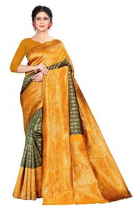 High Quality Heavy Jacquard Silk <b>Sarees</b> Indian & Pakistani Party Wear <b>Golden</b> Border Bollywood Style for Summer Winter Seasons - Product Image 3