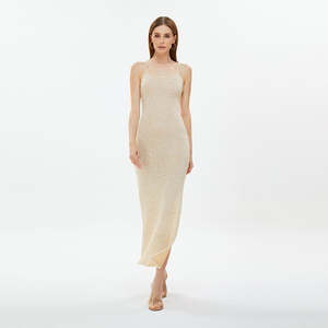 Femmes nouveau été solide motif 100% coton tricot robe-respirant Maxi décontracté Slip dos nu maigre tricoté longue pour les fêtes - Product Image 1