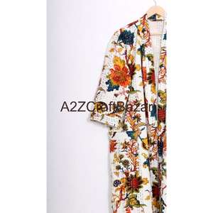 Robes longues à manches trois quarts à col en V à cordon de serrage en tissu floral tissé à la main Douces et respirantes Séchage rapide 100% coton pour femmes - Product Image 3