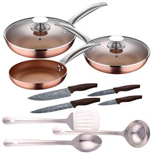 5pc set of pressed aluminum <b>induction</b> frying <b>pans</b> (with lids) with 3pc stainless steel kitchen utensil set with 4pc stainless - Product Image 1