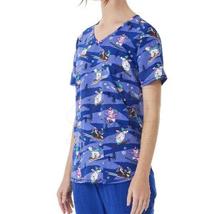 Women's Blue Ski Polar Bear Print 100% Cotton <b>Scrub</b> <b>Top</b> with Pocket Hospital Uniforms - Product Image 3