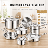 Batterie de cuisine en acier inoxydable avec couvercles et insert vapeur, compatible lave-vaisselle, casseroles et poêles pour la cuisine domestique, OEM ODM Vente en gros