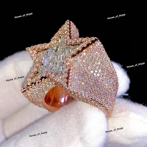 <b>Silver</b> Iced Out Star <b>Ring</b> Baguette Cut Moissanite Diamond Look Hip Hop Statement Wide Band Luxury Shine For <b>Men</b> Women Gift - Product Image 2