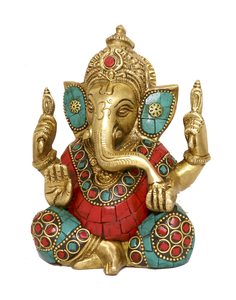 Hindu God Ganesha Blessed Statue Brass Stone Work Figure Hindu Art Lord Luck Charm Ganesha Ethnic Decor Stones Ethnic Art - Product Image 1