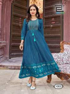 Mode à la mode pour les femmes longue rayonne Anarkali kurti robe de soirée de mariage indien feuille impression robe pour les femmes 2024 - Product Image 6