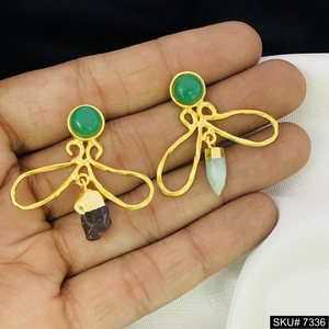 Green Gemstone Drop <b>Earrings</b> <b>Gold</b>-Plated Designer Studs Geometric Brass Jewelry for Engagement Stunning Look - Product Image 1