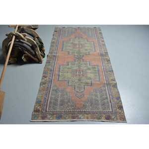 3.5x7.5 ft Vintage Turkish Rug, Area Rug, <b>Brown</b> Blue Striped <b>Wool</b> Rug - Product Image 1