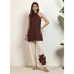 Deebaco Women's Crepe <b>2</b> <b>Piece</b> Co-ord <b>Set</b> Full Length Loose Fit Sleeveless Halter Top And Embroidered Pants Casual Spring Summer - Product Image 5