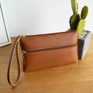 Double zipper solid color fashion PU leather wristlet pouch <b>bag</b> wholesale custom portable clutch <b>bag</b> gift for womens Coin Purses - Product Image 6